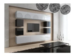 Conjunto de móveis para sala de estar branco e preto suspensos coleção CEPTO XVII 249cm, 10 móveis, com LEDs, moduláveis.
