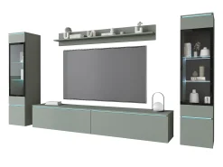 Conjunto de móveis para sala com LED 4 elementos – rack 180 cm, 2 vitrines e prateleira, composição de parede de pé ou suspensa, verde névoa