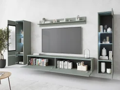 Conjunto de móveis para sala com LED 4 elementos – rack 180 cm, 2 vitrines e prateleira, composição de parede de pé ou suspensa, verde névoa