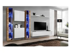 Conjunto de móveis para sala de estar SWITCH XVI, design de parede, na cor branco brilhante e carvalho Wotan.