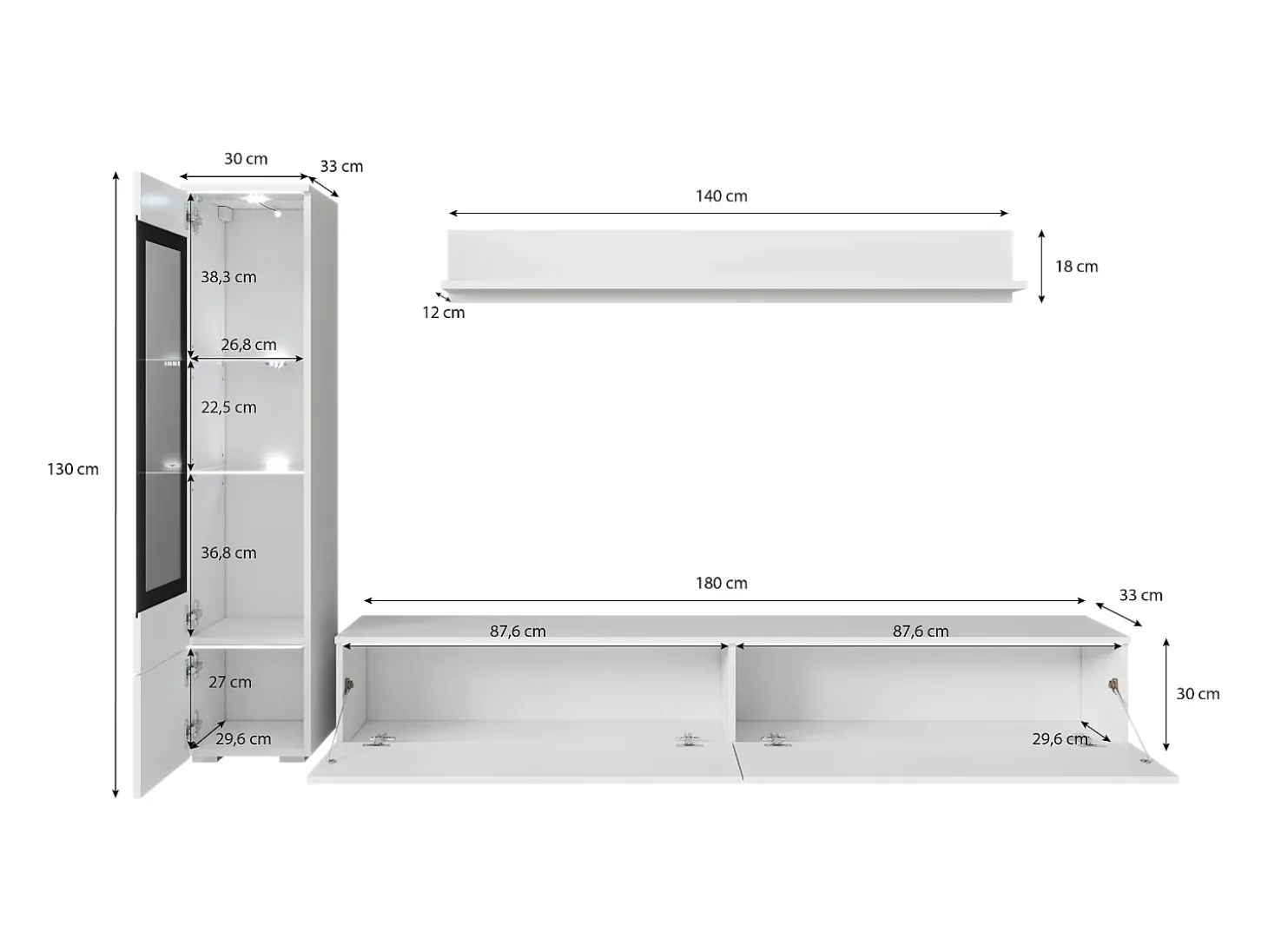 Conjunto de móveis para sala 3 elementos com LED – rack 180 cm, vitrine e prateleira, corpo carvalho Wotan, frentes preto brilho