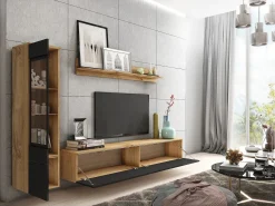 Conjunto de móveis para sala 3 elementos com LED – rack 180 cm, vitrine e prateleira, corpo carvalho Wotan, frentes preto brilho
