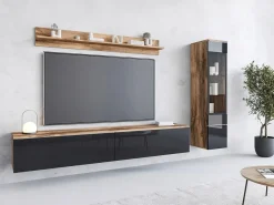 Conjunto de móveis para sala 3 elementos com LED – rack 180 cm, vitrine e prateleira, corpo carvalho Wotan, frentes preto brilho