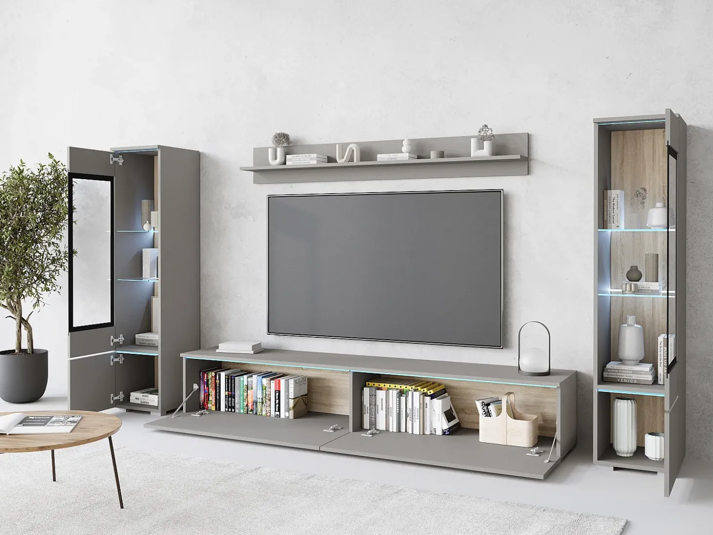 Conjunto de móveis para sala com LED 4 elementos – rack 180 cm, 2 vitrines e prateleira, composição de parede de pé ou suspensa, cinza Pallad