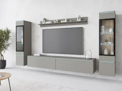 Conjunto de móveis para sala com LED 4 elementos – rack 180 cm, 2 vitrines e prateleira, composição de parede de pé ou suspensa, cinza Pallad