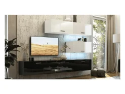 Conjunto de móveis para sala de estar branco e preto, suspensos, coleção CEPTO XXV. 249cm, 6 móveis, com LEDs, modulares.