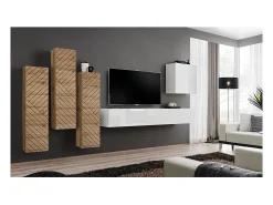Conjunto de móveis para sala SWITCH III design, cores branco e carvalho Wotan. Acabamentos brilhantes e efeito de carvalho fresado.