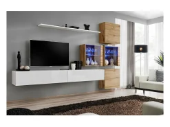 Conjunto de móveis para sala de estar SWITCH XIX design, na cor branco brilhante e carvalho Wotan.