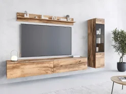 Conjunto de móveis para sala 3 elementos com LED – rack 180 cm, vitrine e prateleira, carvalho Wotan