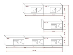 Conjunto de móveis para sala de estar branco e preto, suspensos, coleção CEPTO XXV. 249cm, 6 móveis, com LEDs, modulares.