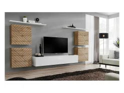 Conjunto de móveis para sala SWITCH IV. Cores carvalho wotan e branco. Acabamentos em carvalho fresado e branco brilhante.