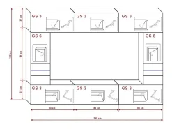 Conjunto de móveis para sala de estar brancos, da coleção CEPTO XXIX, suspensos. 249cm, 8 móveis, com LEDs, modulares.