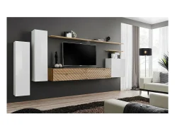 Conjunto de móveis para sala SWITCH I design, cor branca e carvalho Wotan. Acabamentos com efeito de carvalho fresado.