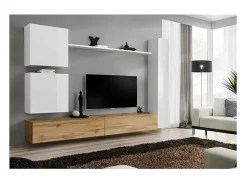 Conjunto de móveis para sala de estar SWITCH VIII. Painel de TV design, nas cores carvalho Wotan e branco brilhante.