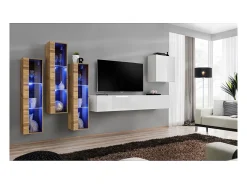 Conjunto de móveis para sala de estar SWITCH XIII, design de parede, nas cores branco brilhante e carvalho Wotan.