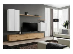 Conjunto de móveis para sala de estar coleção SWITCH II, design, nas cores branco e carvalho Wotan.