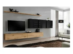 Conjunto de móveis para sala de estar SWITCH VII design, cor carvalho Wotan e preto brilhante.