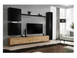 Conjunto de móveis para sala de estar, de parede, SWITCH VIII. Móvel de TV de parede design, em cores carvalho Wotan e preto brilhante.