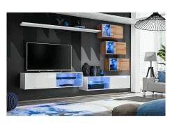 Conjunto de móveis para sala de estar SWITCH XXIV, design, nas cores branco e carvalho.