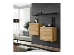 Conjunto de móveis para sala de estar SWITCH SBI design, na cor carvalho Wotan e prateleira preta.