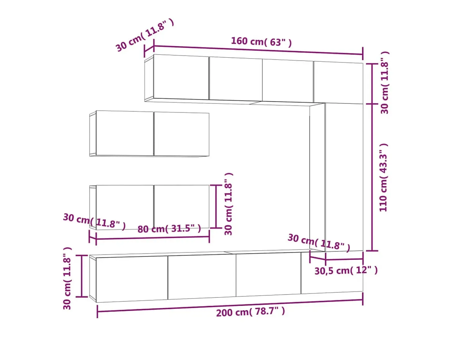 Conjunto de móveis Sonoma de madeira engenheirada com 7 peças (armário aparador suporte para TV sala de estar quarto sala de TV) - 02_0025218