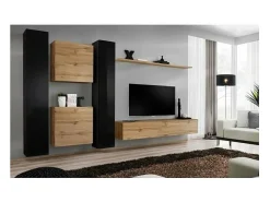 Conjunto de móveis suspensos para sua sala de estar, coleção SWITCH VI. Cores em carvalho Wotan e preto brilhante.