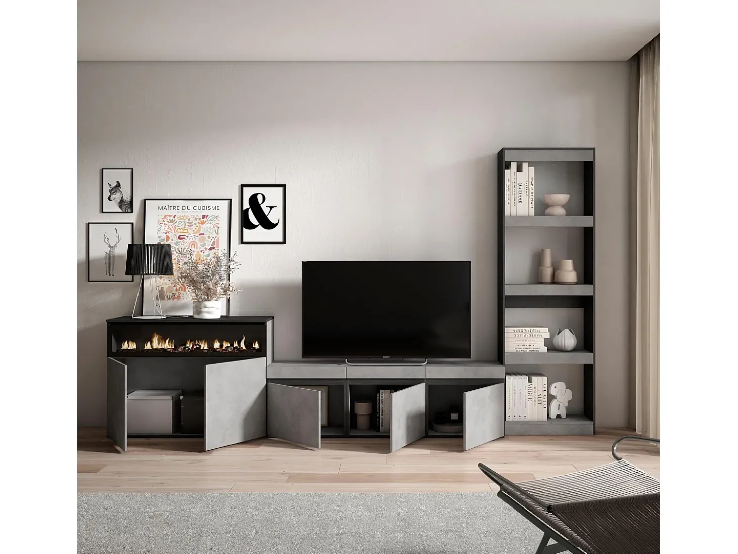 Conjunto de móveis TV, 310x35x186cm, Para televisores até 65", Lareira eléctrica, Cimento