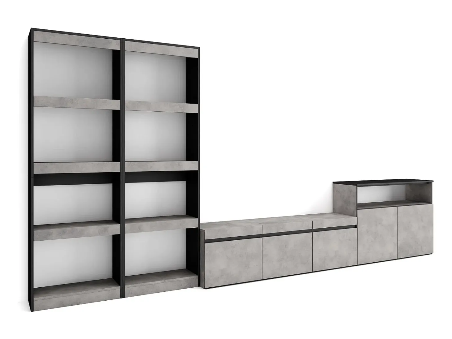 Conjunto de móveis TV, 370x35x186cm, Para televisores até 65", Estante para TV, Cimento