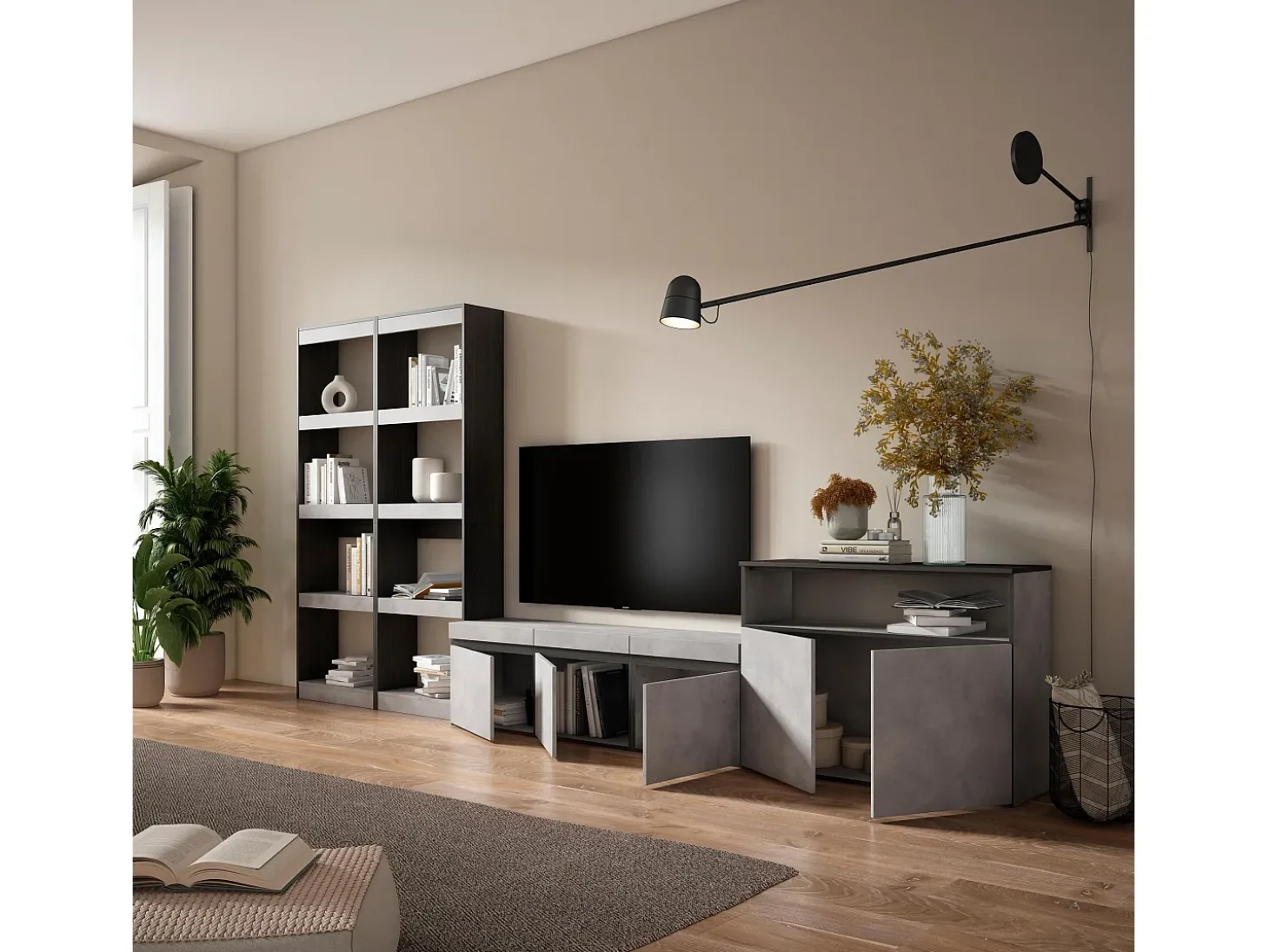 Conjunto de móveis TV, 370x35x186cm, Para televisores até 65", Estante para TV, Cimento