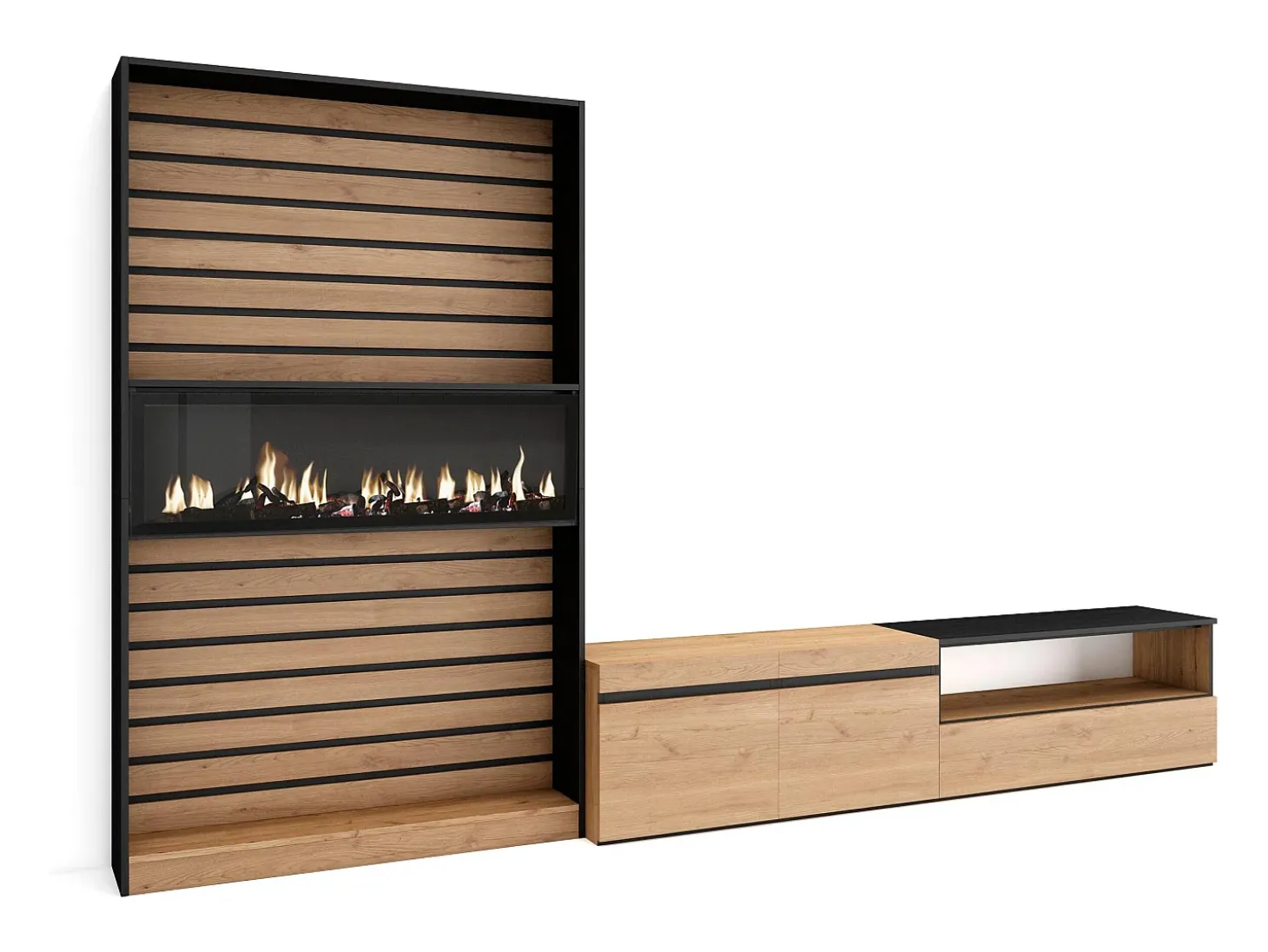 Conjunto de móveis TV, 310x35x186cm, Para televisores até 80", Lareira eléctrica, Carvahlo e preto