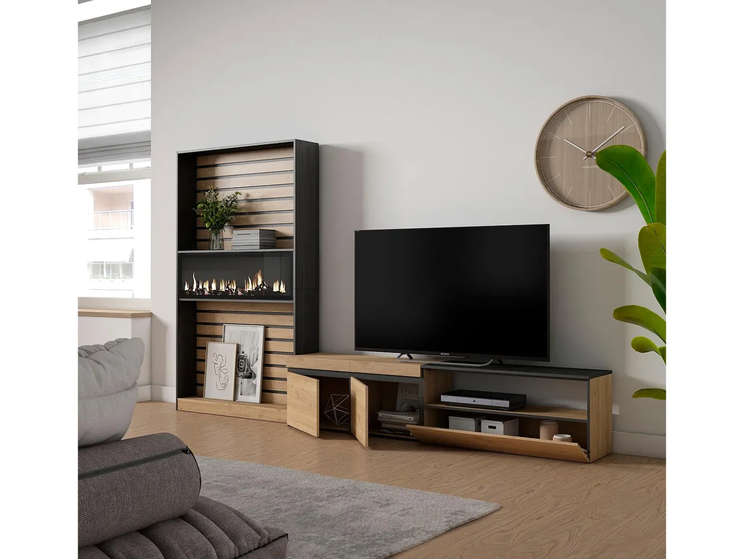 Conjunto de móveis TV, 310x35x186cm, Para televisores até 80", Lareira eléctrica, Carvahlo e preto