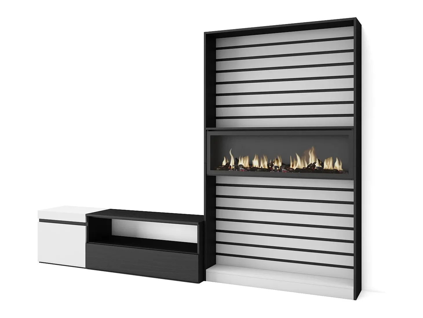 Conjunto de móveis TV, 260x35x186cm, Para televisores até 65", Lareira eléctrica, Branco e preto