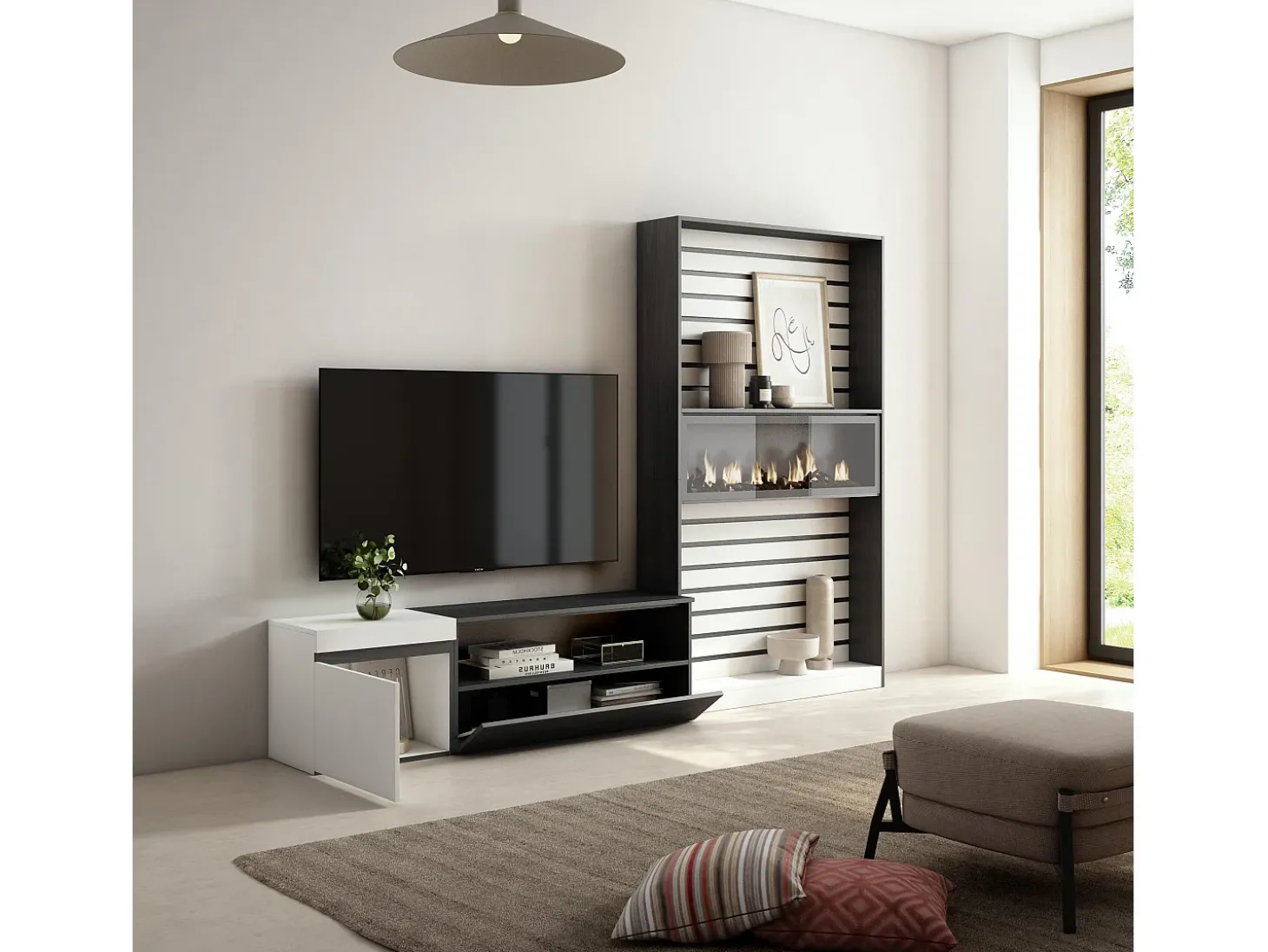 Conjunto de móveis TV, 260x35x186cm, Para televisores até 65", Lareira eléctrica, Branco e preto
