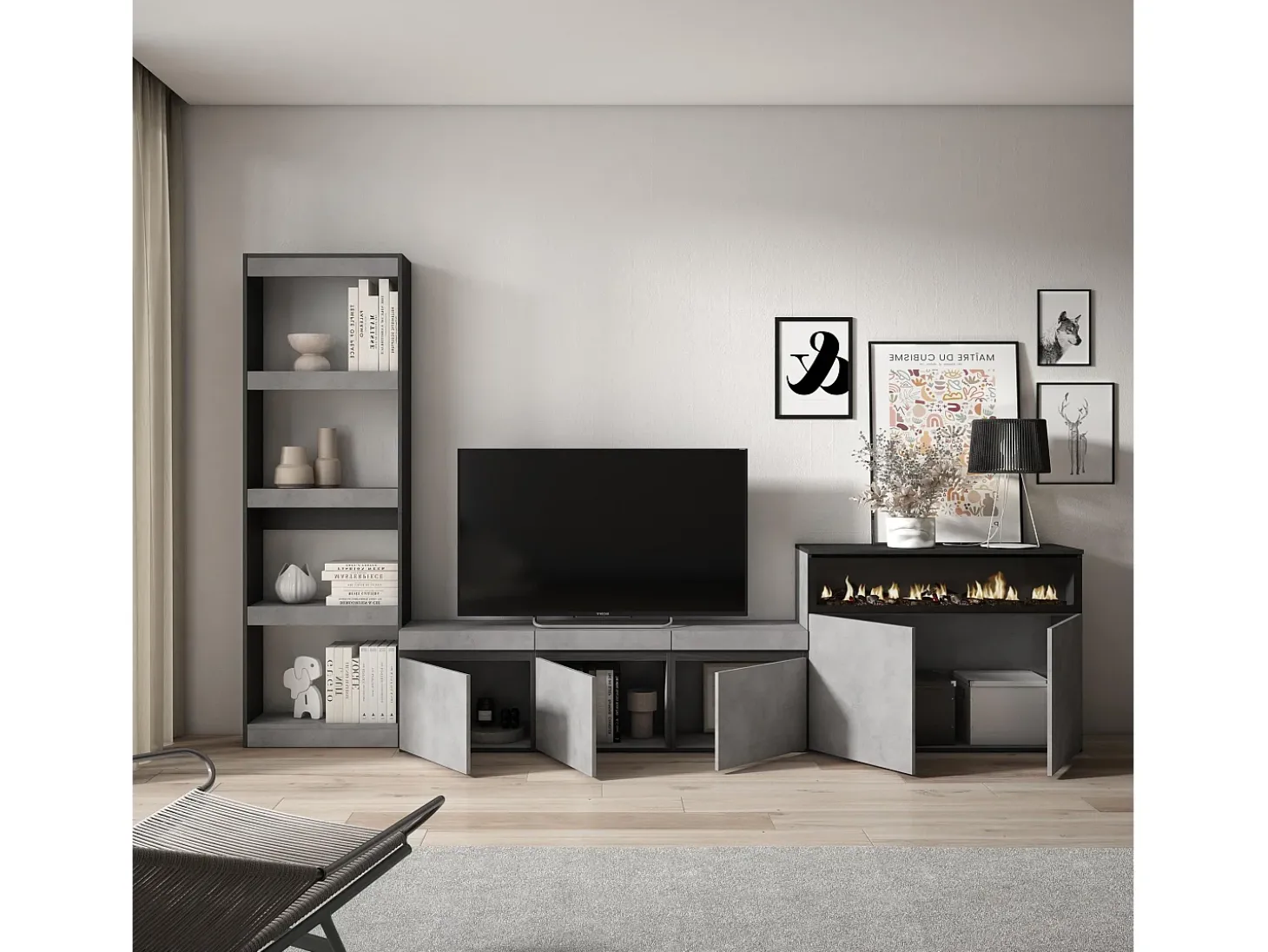 Conjunto de móveis TV, 310x35x186cm, Para televisores até 65", Lareira eléctrica, Cimento