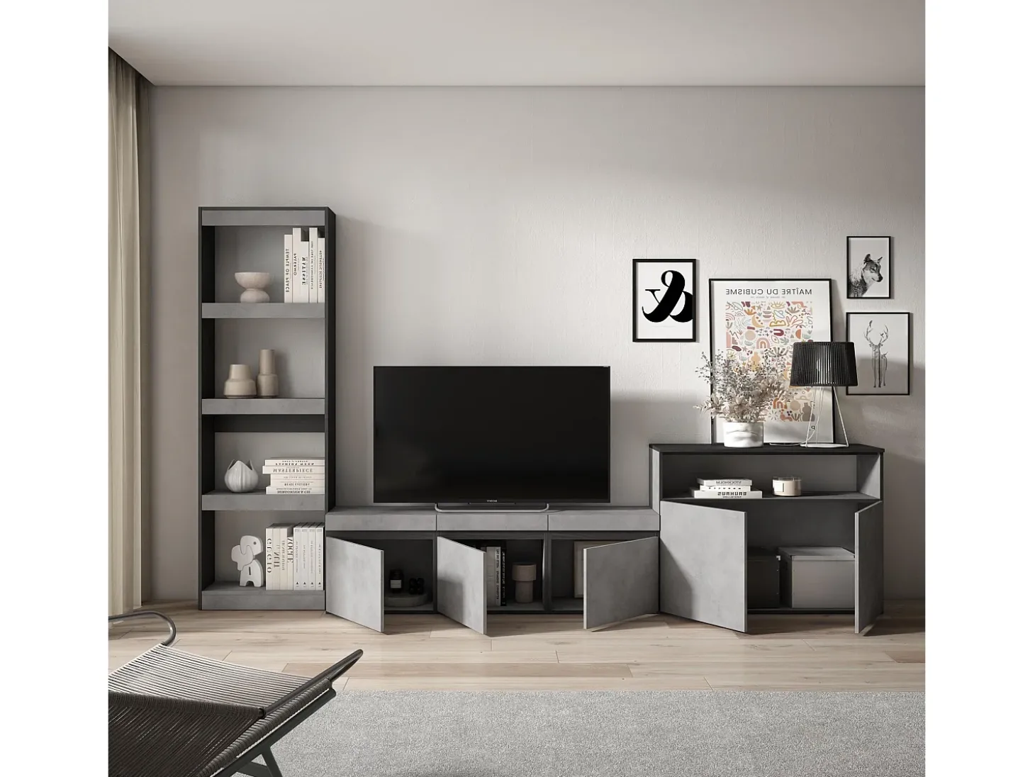 Conjunto de móveis TV, 310x35x186cm, Para televisores até 65", Estante para TV, Cimento