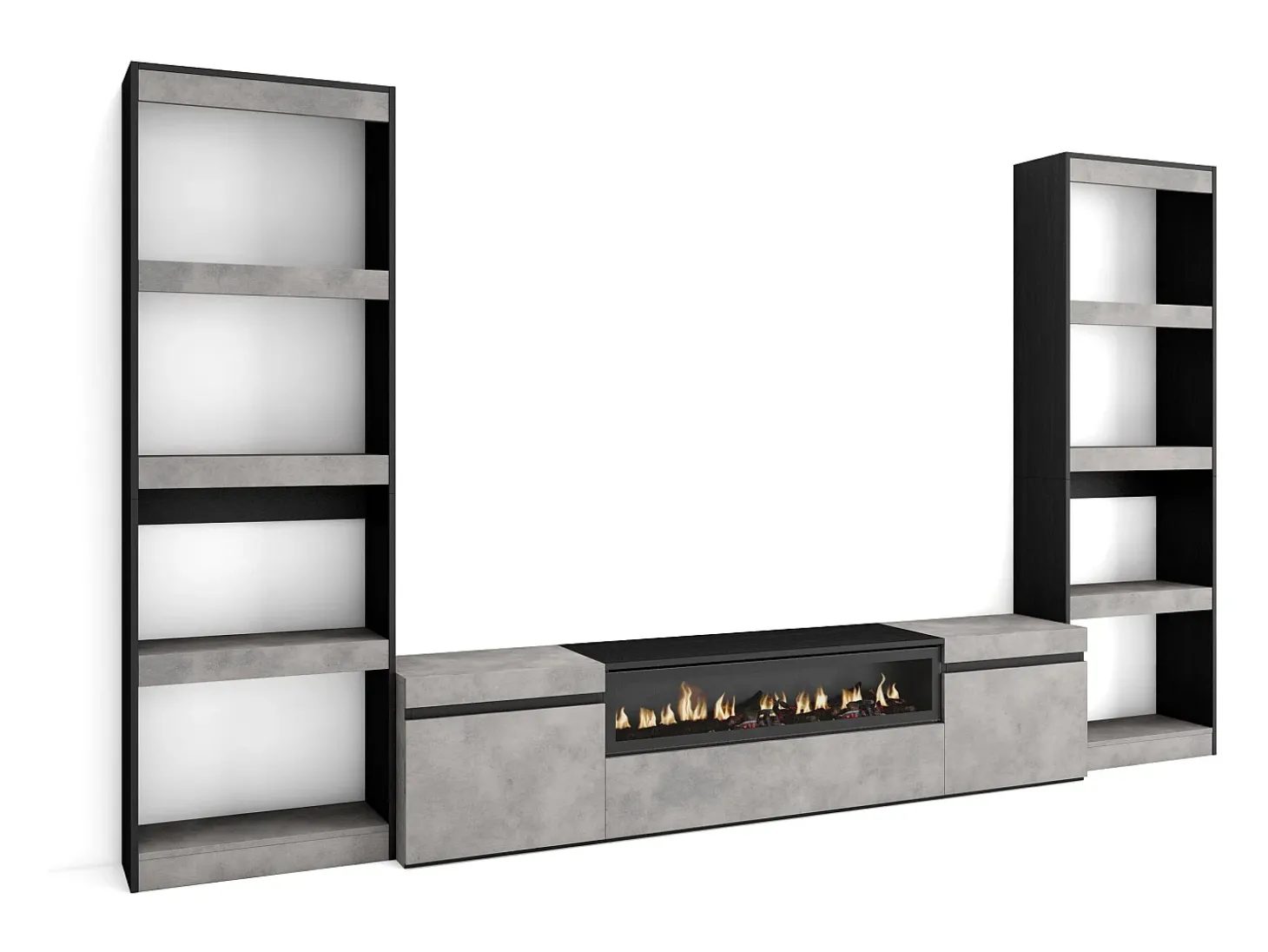 Conjunto de móveis TV, 320x35x186cm, Para televisores até 80", Lareira eléctrica, Cimento