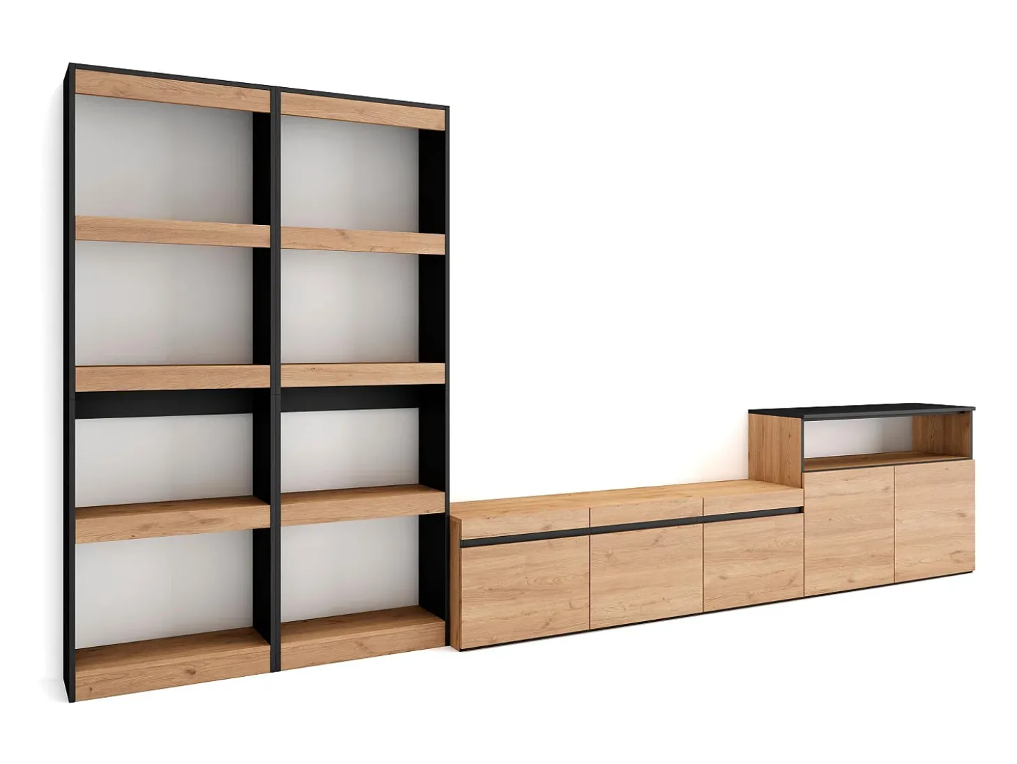 Conjunto de móveis TV, 370x35x186cm, Para televisores até 65", Estante para TV, Carvahlo e preto