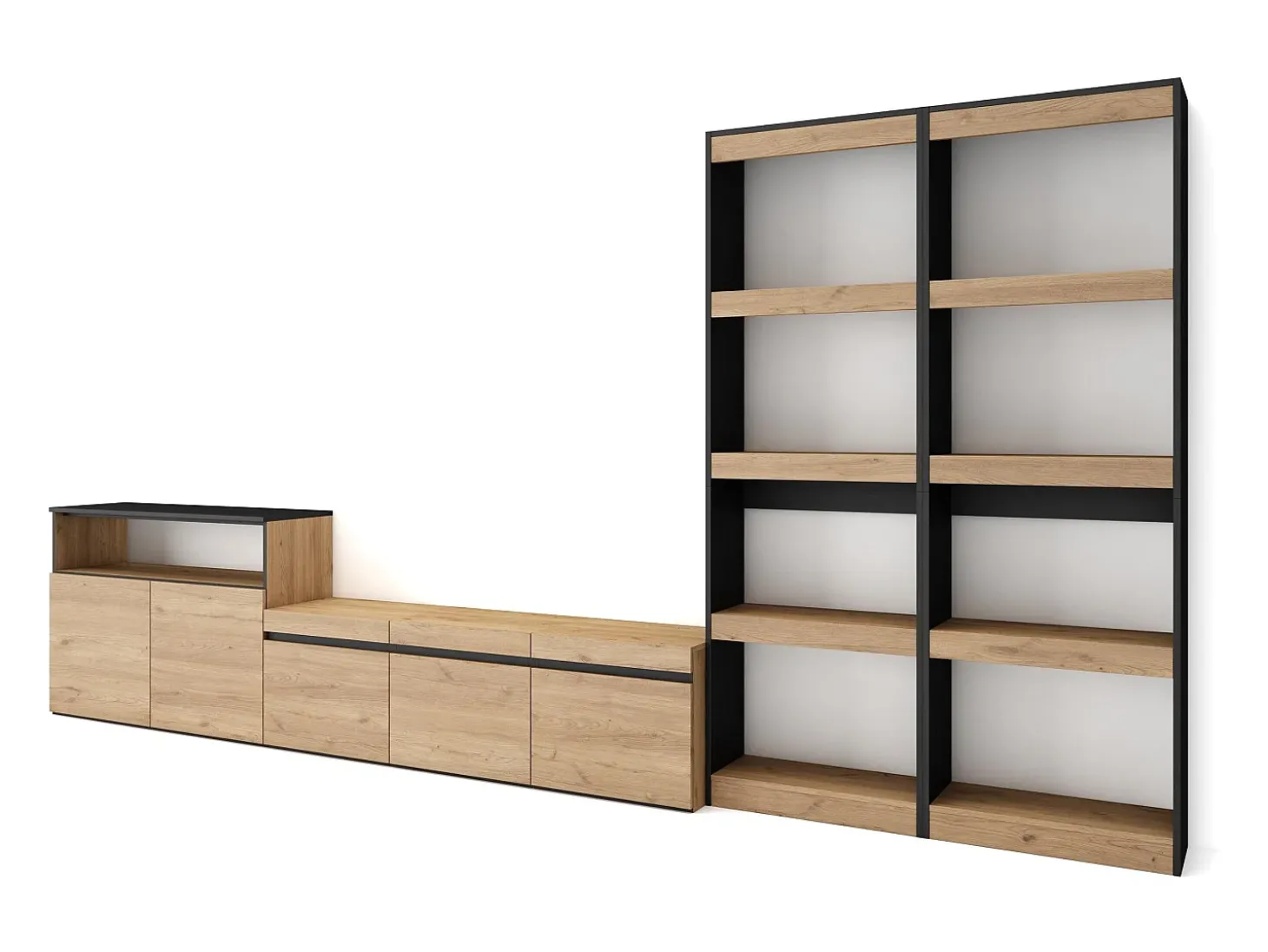 Conjunto de móveis TV, 370x35x186cm, Para televisores até 65", Estante para TV, Carvahlo e preto
