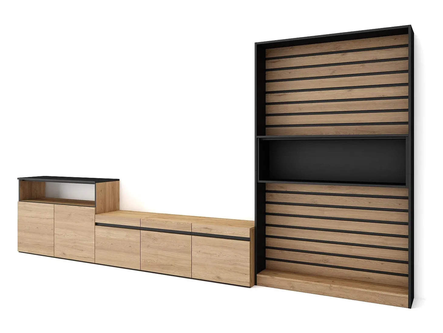Conjunto de móveis TV, 360x35x186cm, Para televisores até 65", Estante para TV, Carvahlo e preto