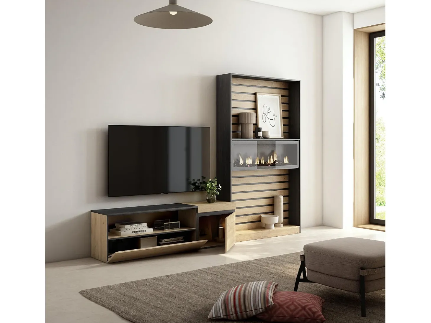 Conjunto de móveis TV, 260x35x186cm, Para televisores até 65", Lareira eléctrica, Carvahlo e preto