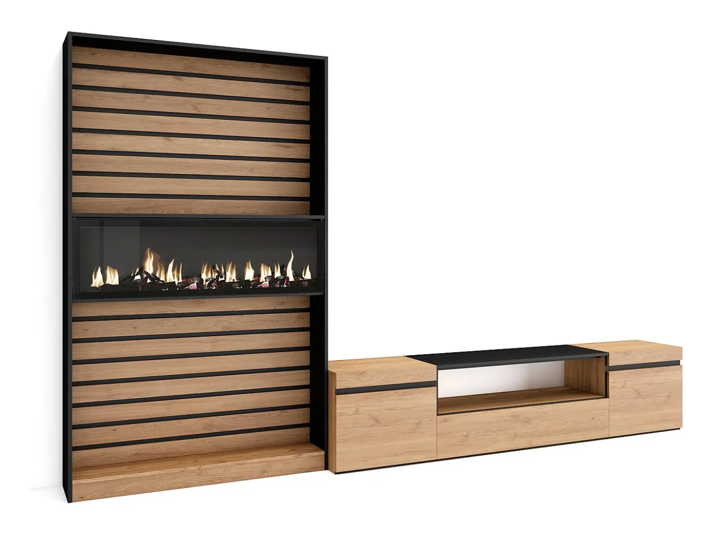 Conjunto de móveis TV, 310x35x186cm, Para televisores até 80", Lareira eléctrica, Carvahlo e preto