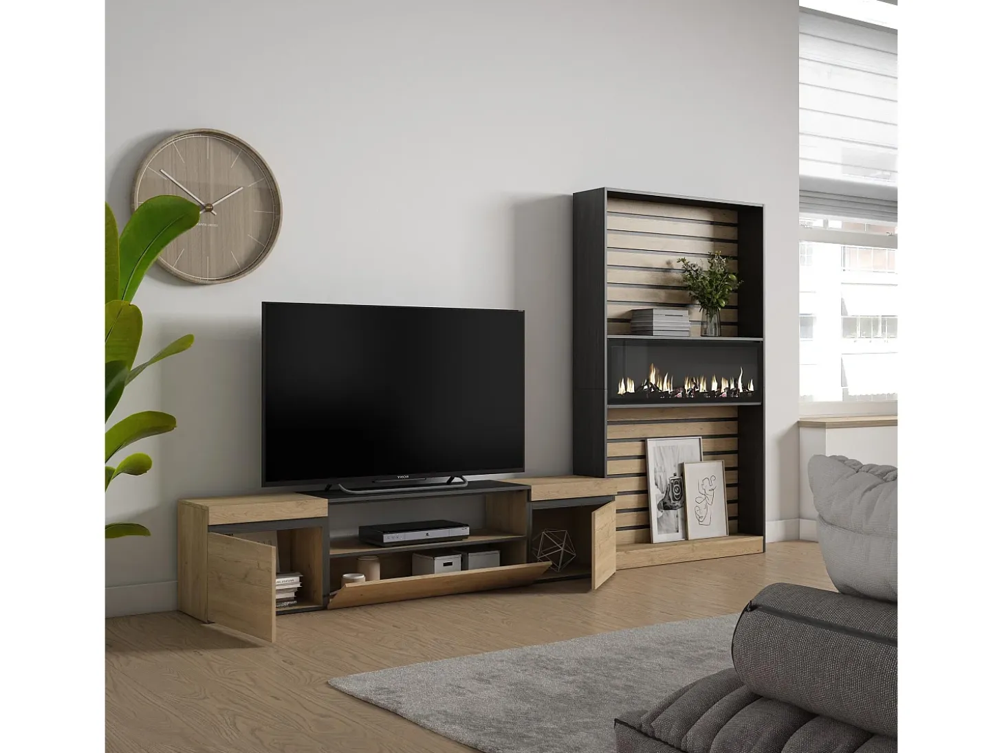 Conjunto de móveis TV, 310x35x186cm, Para televisores até 80", Lareira eléctrica, Carvahlo e preto