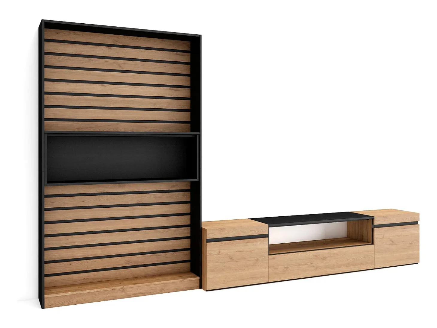 Conjunto de móveis TV, 310x35x186cm, Para televisores até 80", Estante para TV, Carvahlo e preto