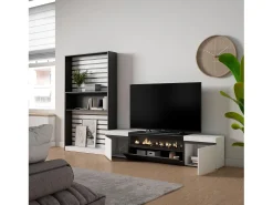Conjunto de móveis TV, 310x35x186cm, Para televisores até 80", Lareira eléctrica, Branco e preto