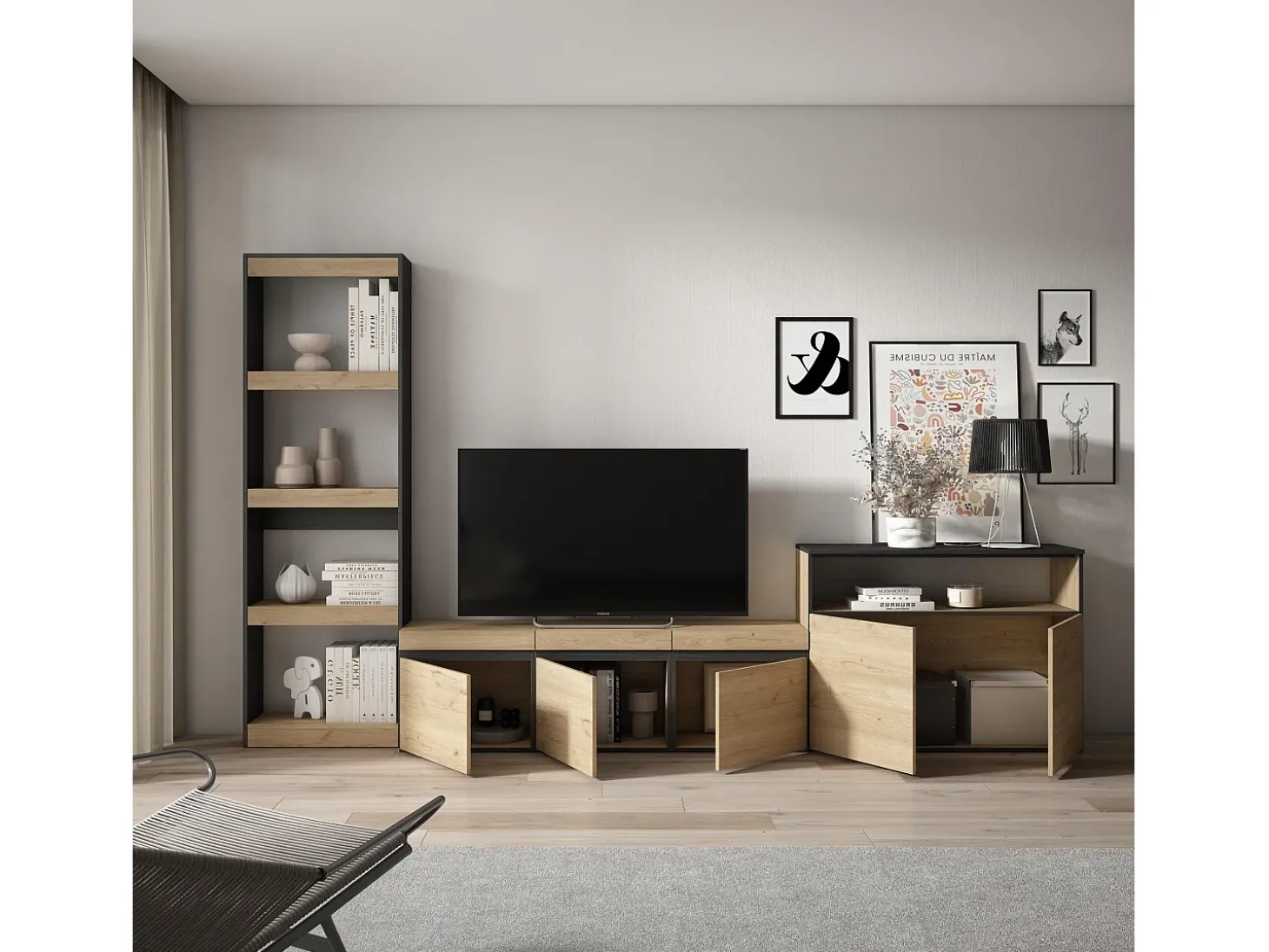 Conjunto de móveis TV, 310x35x186cm, Para televisores até 65", Estante para TV, Carvahlo e preto