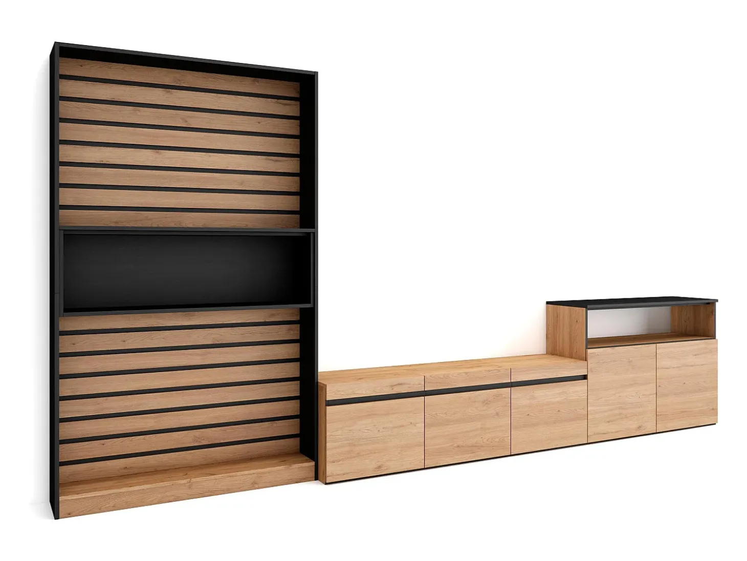 Conjunto de móveis TV, 360x35x186cm, Para televisores até 65", Estante para TV, Carvahlo e preto