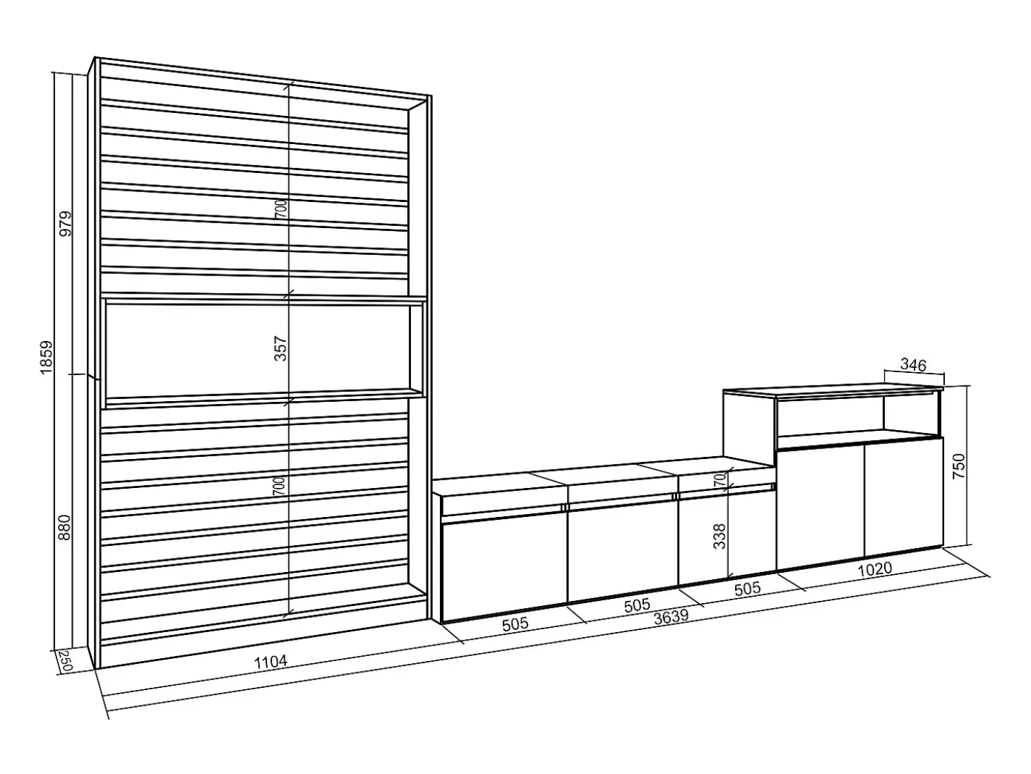 Conjunto de móveis TV, 360x35x186cm, Para televisores até 65", Estante para TV, Carvahlo e preto