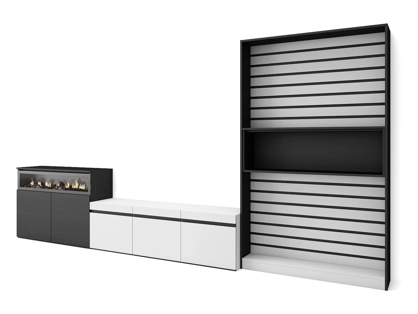 Conjunto de móveis TV, 360x35x186cm, Para televisores até 65", Lareira eléctrica, Branco e preto