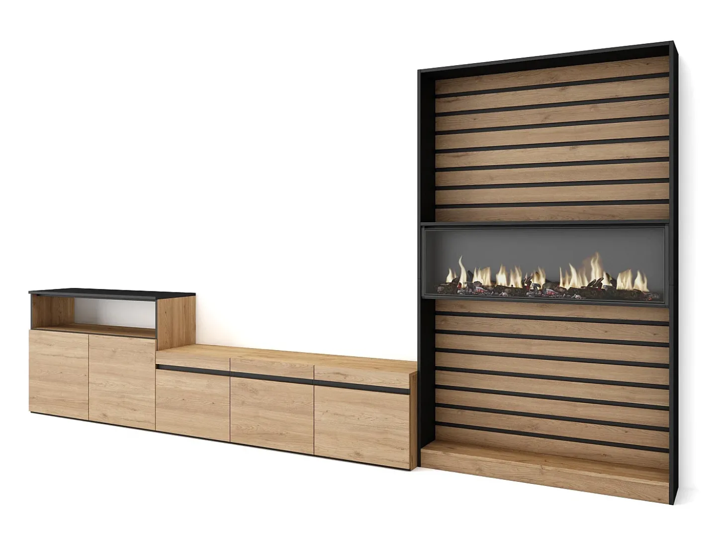 Conjunto de móveis TV, 360x35x186cm, Para televisores até 65", Lareira eléctrica, Carvahlo e preto