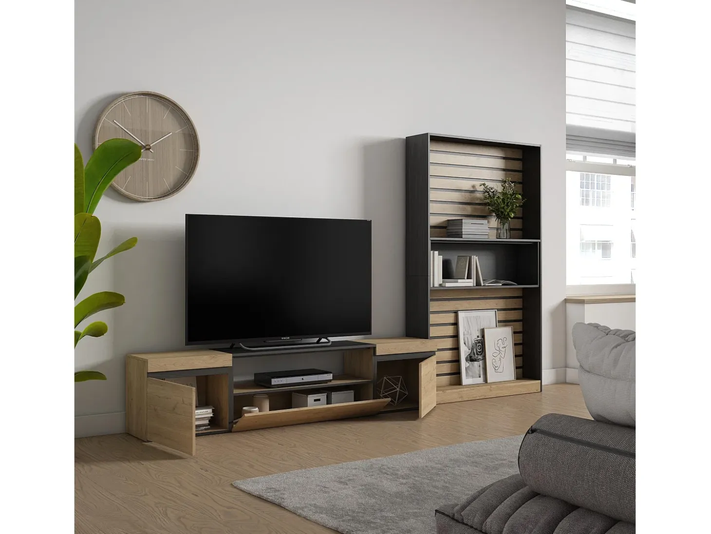 Conjunto de móveis TV, 310x35x186cm, Para televisores até 80", Estante para TV, Carvahlo e preto